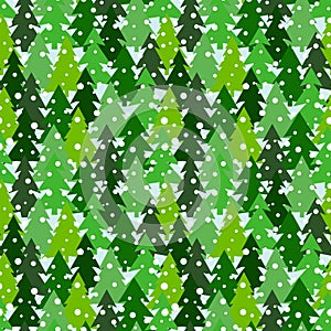 Seamless pattern with green silhouettes of fir-trees and pines. Winter forest background with snowfall.