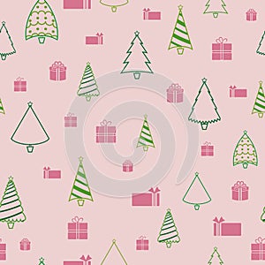 Seamless pattern green tree and pink gift box with Christmas ornament on pink background
