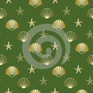 seamless pattern - green vector background with gold seashells and starfish