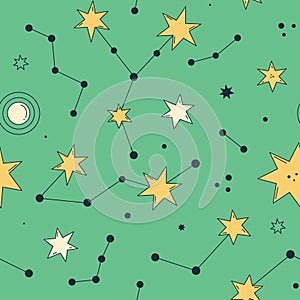 Seamless pattern. Green vector illustration with abstract constellations, stars. Groovy galactic. Cartoon space. Playful