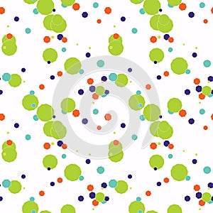 Seamless pattern with green, violet, orange, blue messy different geometric shapes