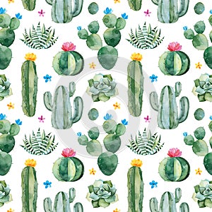 Seamless pattern with green watercolor cactus,succulents and multicolored flowers