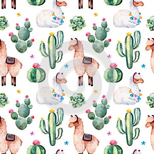 Seamless pattern with green watercolor cactus,succulents, multicolored flowers and cute llamas