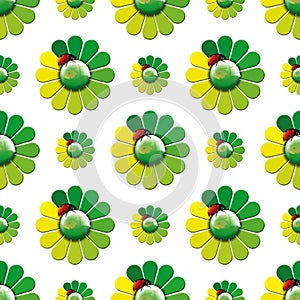 Seamless Pattern with Green and Yellow Flowers and Ladybugs