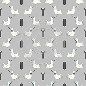 Seamless pattern on grey background White dove of peace flying with branch