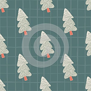 Seamless pattern with grey christmas tree on green chequered background. Winter design