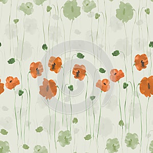 Seamless pattern of grey, green and orange flowers on a green background. Watercolor