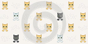 Seamless pattern with grey, red and black cats on a beige background with flowers