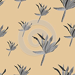 Seamless pattern with grey tropical strelitzia flowers on beige background. Elegant floral print. Packaging, wallpaper, textile, f