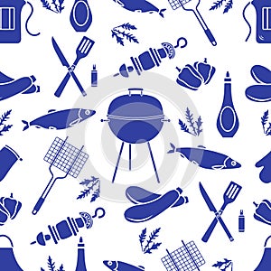 Seamless pattern with grill, barbecue tools. BBQ