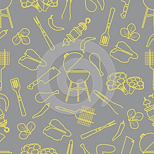 Seamless pattern Grill, barbecue tools, food. BBQ