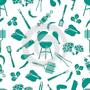 Seamless pattern Grill, barbecue tools, food. BBQ