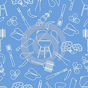 Seamless pattern Grill, barbecue tools, food. BBQ