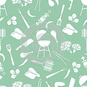 Seamless pattern Grill, barbecue tools, food. BBQ