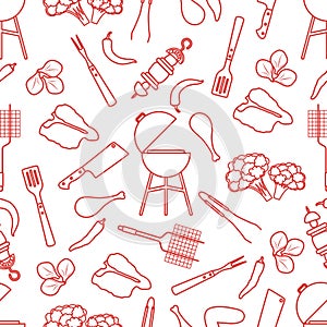 Seamless pattern Grill, barbecue tools, food. BBQ