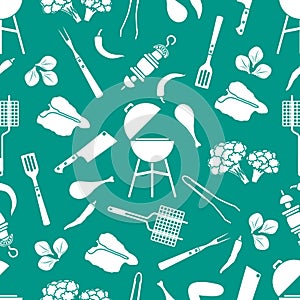 Seamless pattern Grill, barbecue tools, food. BBQ