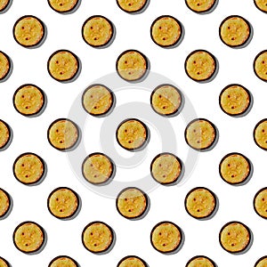 Seamless pattern of grilled zucchini on a wooden round board isolated on white background.