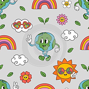 seamless pattern with groovy Earth , Sun, rainbow, cloud