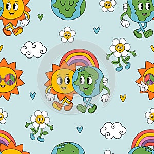 seamless pattern with groovy Earth , Sun, rainbow, flower