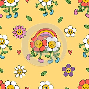 seamless pattern with groovy flowers and rainbow