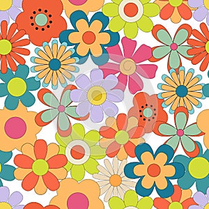 Seamless pattern with Groovy retro flowers. Hippie endless background in 1970s style. Vector Disco flowers daisy on