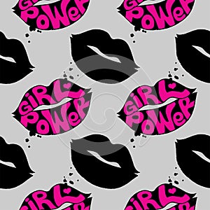 Seamless pattern with grunge lips and girl power lettering.