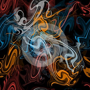 Seamless pattern with grunge wavy colorful transparent  smoke curls on black background