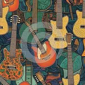 Seamless pattern with guitars. Hand drawn music background. Vector illustration