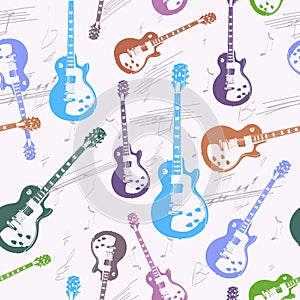 Seamless pattern with guitars and musical notes background. Decorative vector background with a musical theme