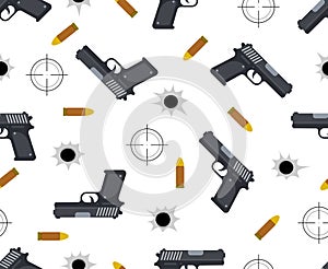 Seamless pattern of gun with bullet and bullet holes on white background