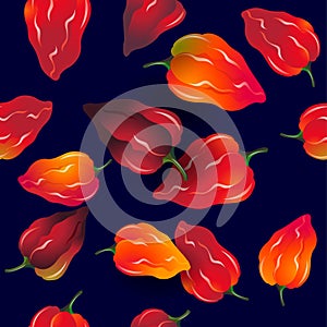 Seamless pattern with habanero peppers. Red and orange peppers on black background.