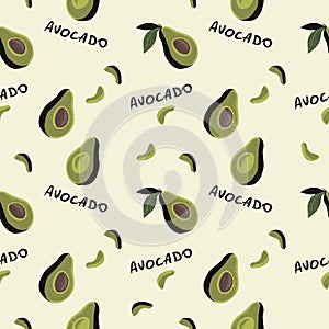 Seamless pattern of half avocado on cream background