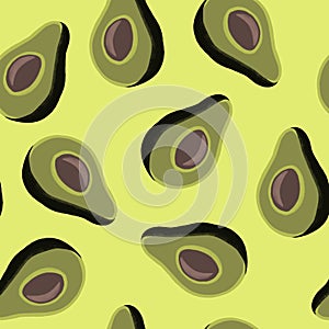 Seamless pattern of half avocado on yellow background