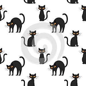 Seamless pattern with a Halloween black cat with yellow eyes. Flat cartoon cat sits, stands and arched its back. An angry,