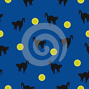 Seamless pattern Halloween black cats and glowing full moon on blue background, vector eps 10