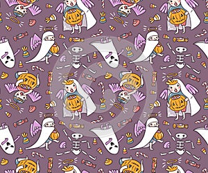 Seamless pattern with halloween characters. Children in costumes.