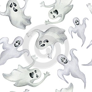 Seamless pattern with halloween ghosts on white background.