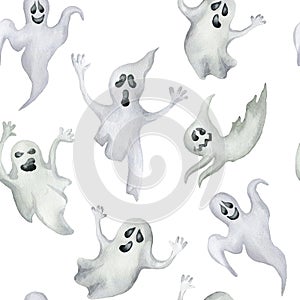 Seamless pattern with halloween ghosts on white background. Hand