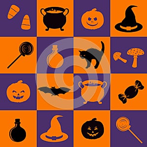 Seamless pattern with halloween holiday related objects silhouettes on checkerboard background. Witches accessory set