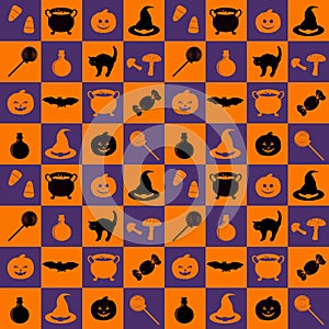 Seamless pattern with halloween holiday related objects silhouettes on checkerboard background. Witches accessory set