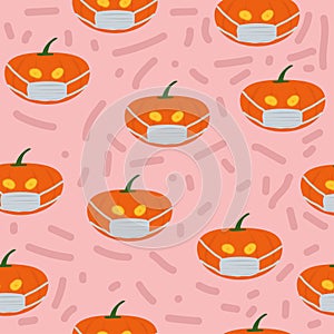 Seamless Pattern is Halloween Jack O Lantern Pumpkin Corona Virus Covid19 Wearing Mask Drawing Vector Sketch Colorful Illustration