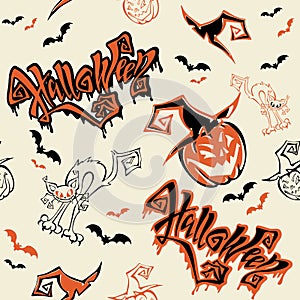 Seamless pattern. Halloween. Lettering. Funny cartoon pumpkin monster in witch hat. Bat. Cat monster. Orange background.Vector.