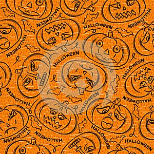 Seamless Pattern with Halloween objects on orange background