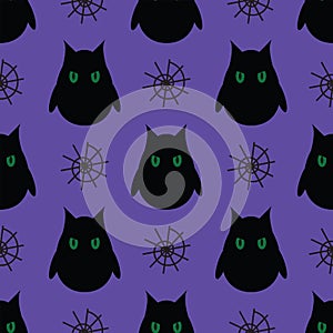 Seamless pattern for Halloween. Owl and spider web on purple background.