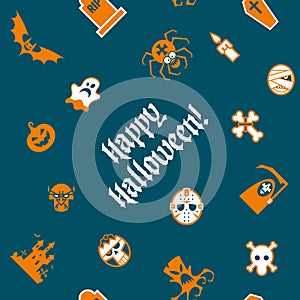 Seamless pattern for Halloween. Pumpkin, ghost, vampire, coffin and more. Isolated.