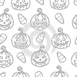 Seamless pattern with Halloween Pumpkin Jack and candy corn in sketch style isolated on white. Festive texture for packages,