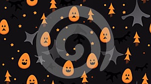 a seamless pattern with halloween pumpkins and bats on a black background