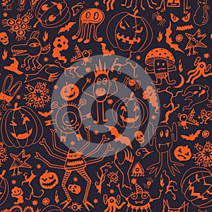 Seamless Pattern With Halloween Pumpkins And Monsters