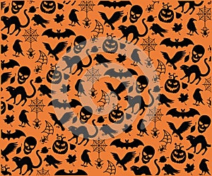 Seamless pattern for Halloween with scary silhoettes on orange background.