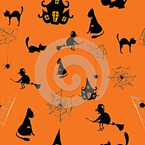 Seamless pattern of halloween silhouettes icon and characteron.